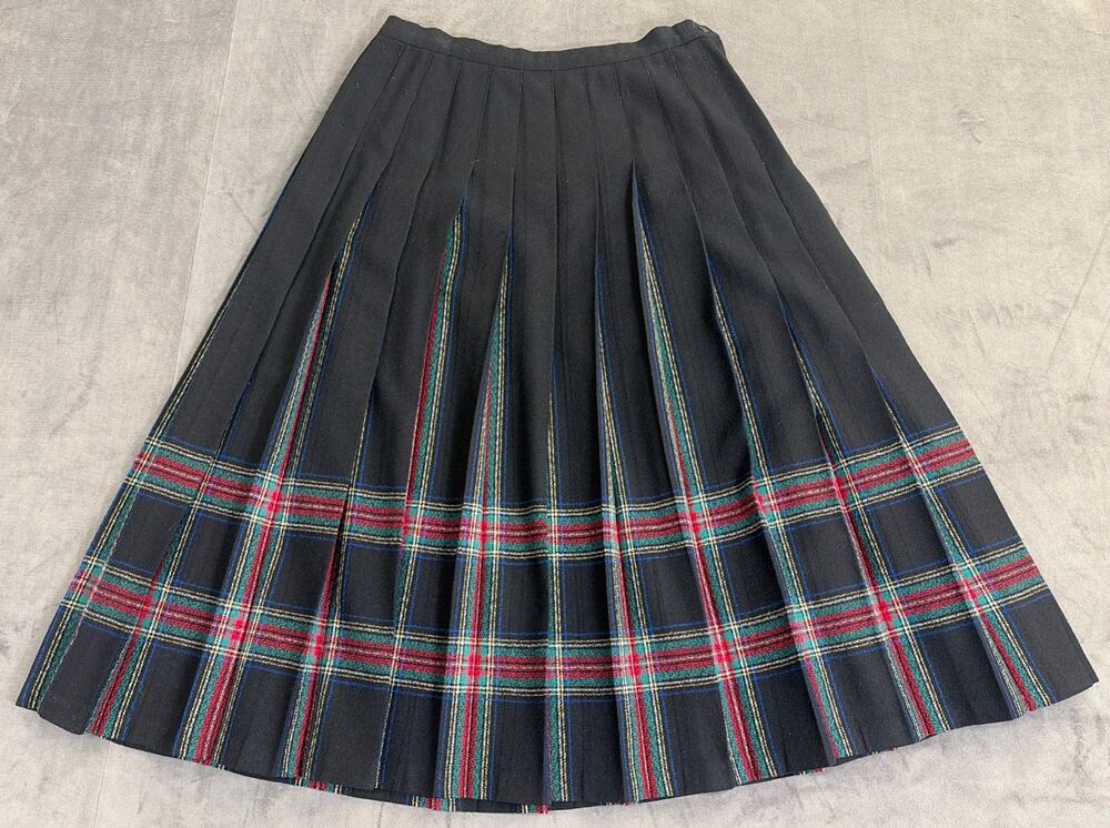 Pendleton Skirt Womens 14 Black Plaid Wool Pleated Midi Vintage USA High Waist
